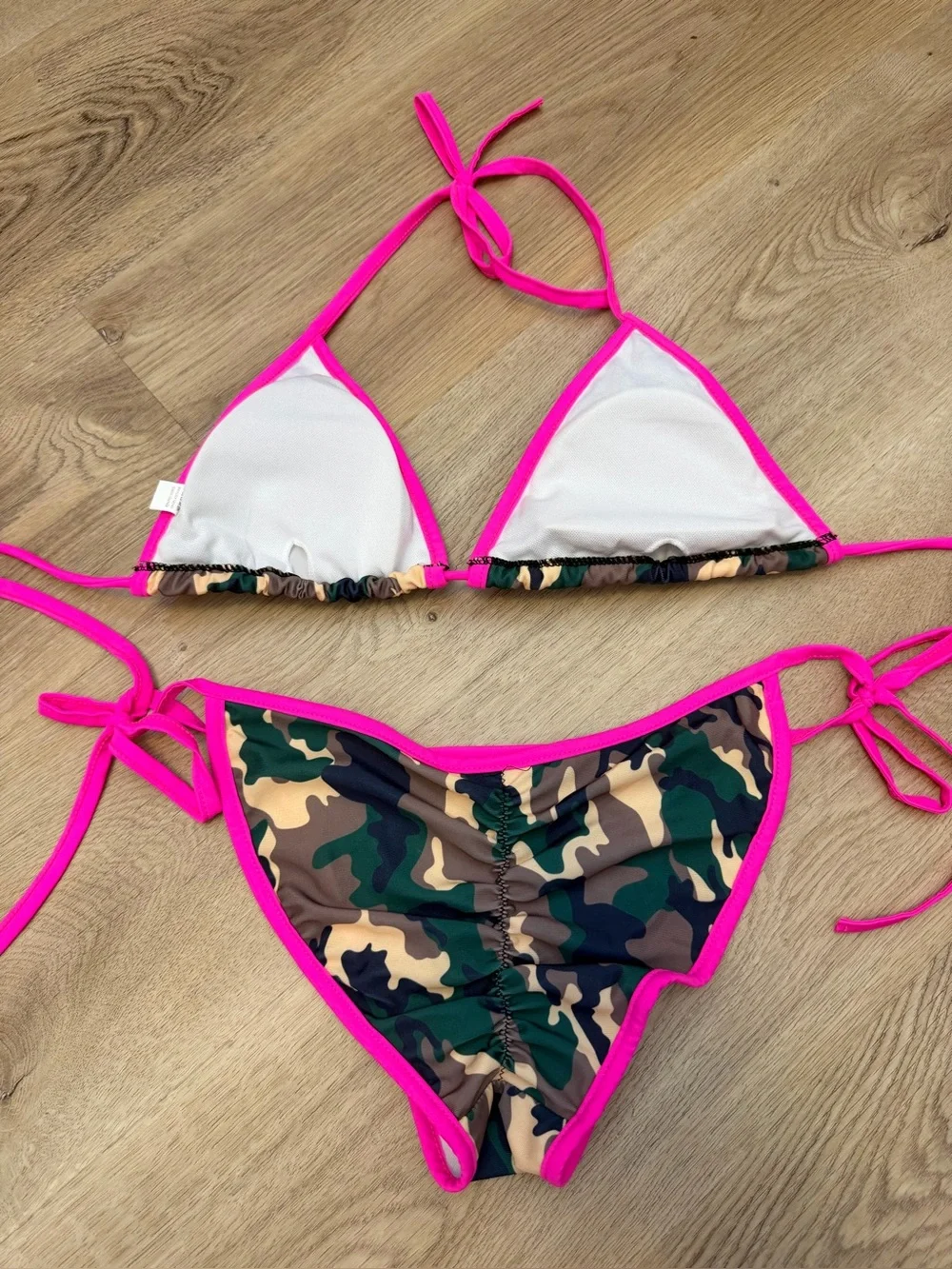 Pink Trim Camouflage String Bikini Set